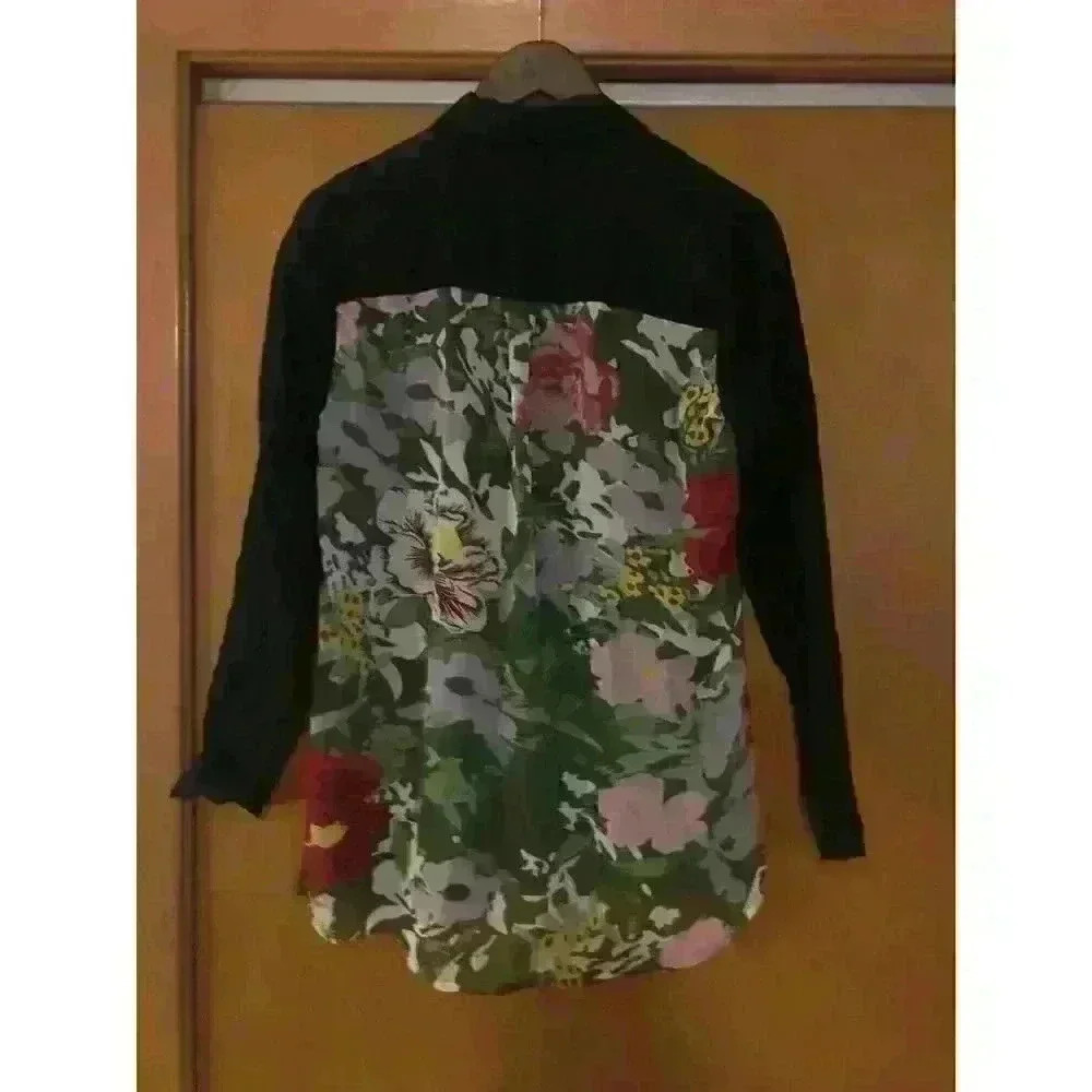 Kaktus Womens Black Floral‎ Mixed Media Button Down Shirt Long Sleeve Size M